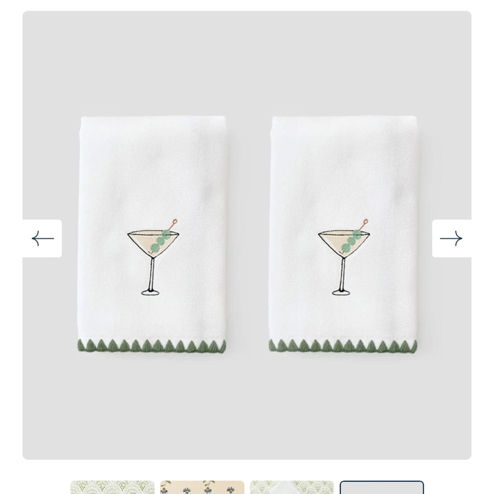 WEEZIE Embroidered Martini Cocktail Hand Towels - White with Green Trim. QTY: 1
